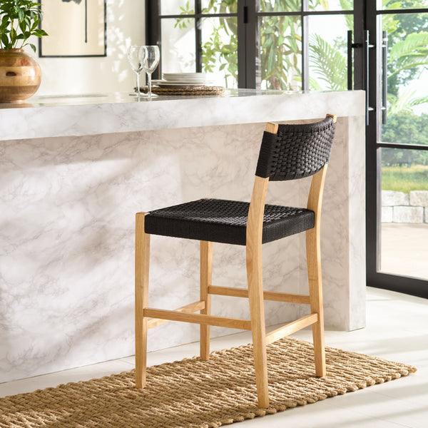 Safavieh Dutton Woven Counter Stool - Stylish Natural Frame With Intricate Woven Paper Cord Design Black ,Natural Wood,Paper Cord Bst9200b