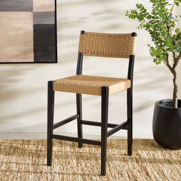 Safavieh Dutton Woven Counter Stool - Stylish Natural Frame With Intricate Woven Paper Cord Design Natural ,Black Wood,Paper Cord Bst9200c