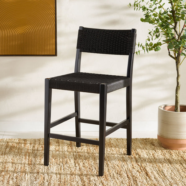 Safavieh Dutton Woven Counter Stool - Stylish Natural Frame With Intricate Woven Paper Cord Design Black ,Black Wood,Paper Cord Bst9200d