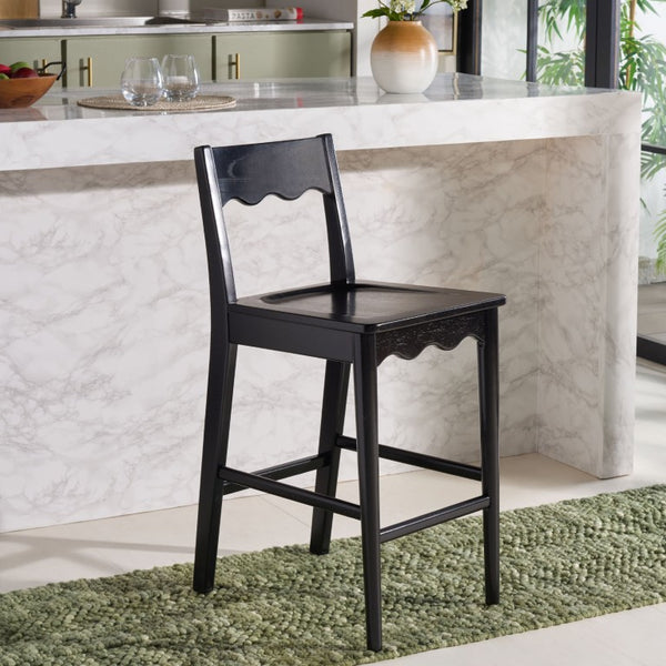 Safavieh Rosetty Scalloped Wood Counter Stool Sculptural Kitchen Island Seating Farmhouse Style Black BST9213B