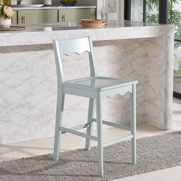 Safavieh Rosetty Scalloped Wood Counter Stool Sculptural Kitchen Island Seating Farmhouse Style Light Blue BST9213F