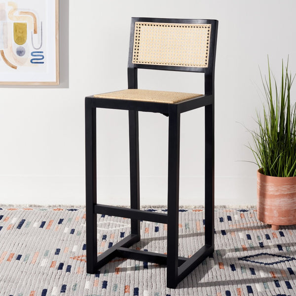 Safavieh Seika Contemporary Rattan Bar Stool – Stylish Cane Seat & Beech Wood Frame For Coastal Elegance Black/Natural BST9503A