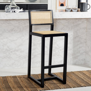 Safavieh Seika Contemporary Rattan Bar Stool – Stylish Cane Seat & Beech Wood Frame For Coastal Elegance Black/Natural BST9503A