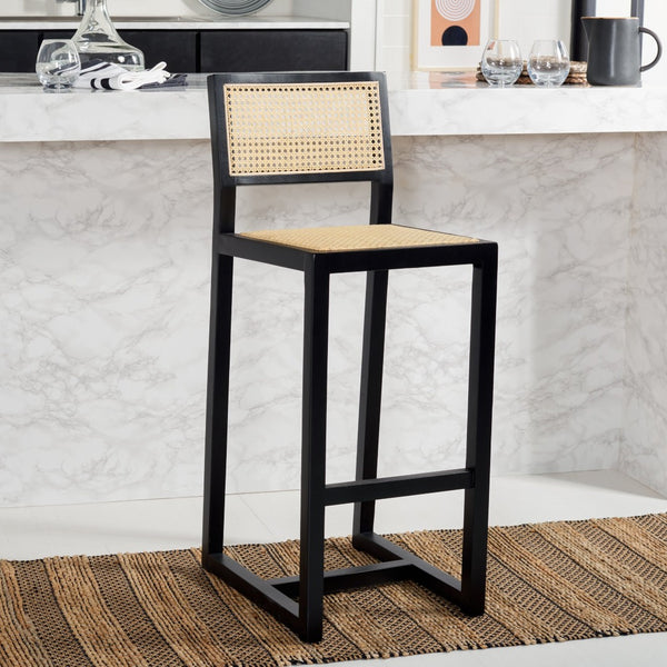 Safavieh Seika Contemporary Rattan Bar Stool – Stylish Cane Seat & Beech Wood Frame For Coastal Elegance Black/Natural BST9503A