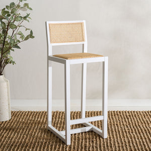 Safavieh Seika Contemporary Rattan Bar Stool – Stylish Cane Seat & Beech Wood Frame For Coastal Elegance White/Natural BST9503B