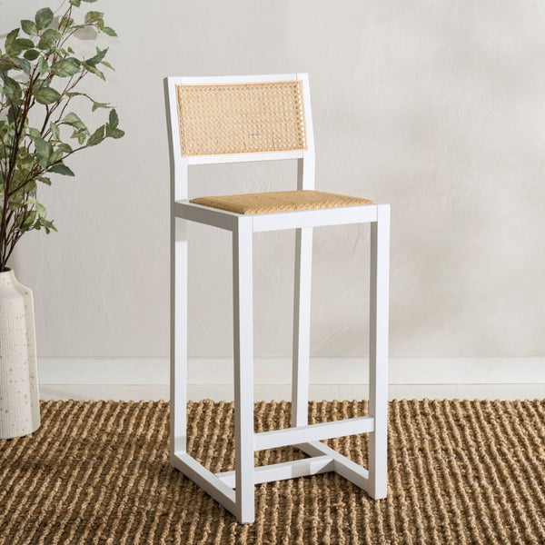 Safavieh Seika Contemporary Rattan Bar Stool – Stylish Cane Seat & Beech Wood Frame For Coastal Elegance White/Natural BST9503B