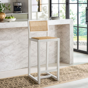 Safavieh Seika Contemporary Rattan Bar Stool – Stylish Cane Seat & Beech Wood Frame For Coastal Elegance White/Natural BST9503B