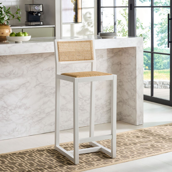 Safavieh Seika Contemporary Rattan Bar Stool – Stylish Cane Seat & Beech Wood Frame For Coastal Elegance White/Natural BST9503B