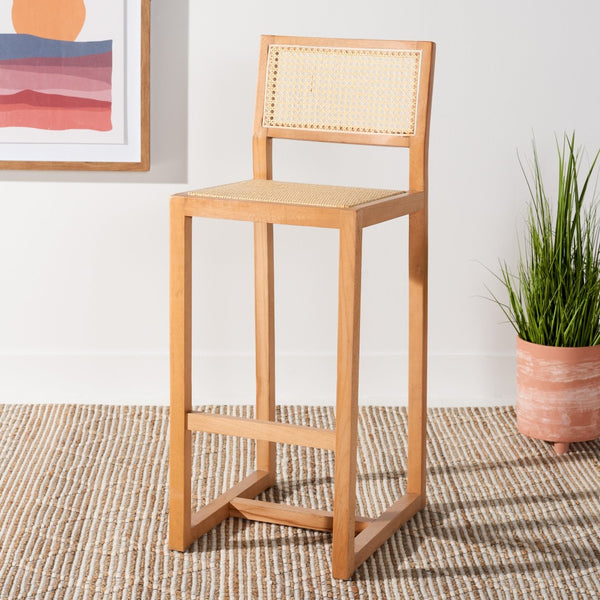 Safavieh Seika Contemporary Rattan Bar Stool – Stylish Cane Seat & Beech Wood Frame For Coastal Elegance Natural/Natural BST9503C