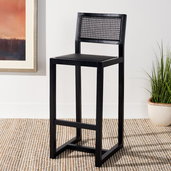 Safavieh Seika Contemporary Rattan Bar Stool – Stylish Cane Seat & Beech Wood Frame For Coastal Elegance Black BST9503D