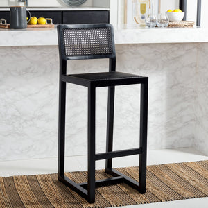 Safavieh Seika Contemporary Rattan Bar Stool – Stylish Cane Seat & Beech Wood Frame For Coastal Elegance Black BST9503D
