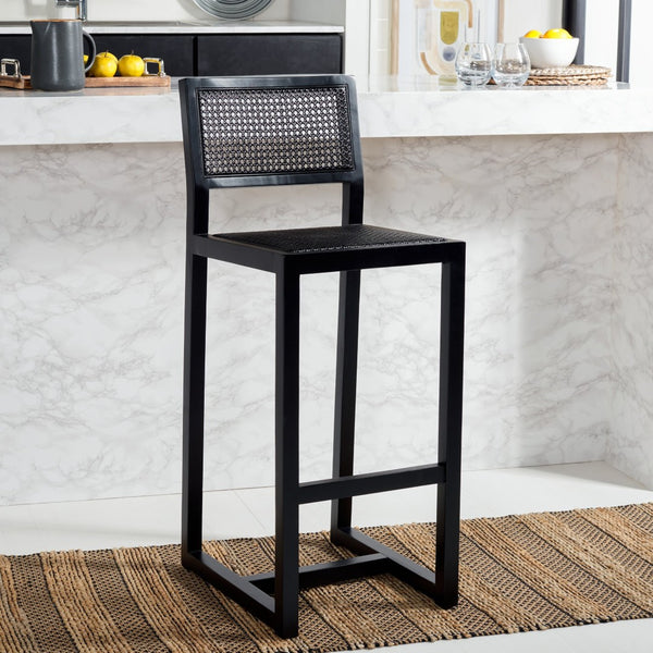 Safavieh Seika Contemporary Rattan Bar Stool – Stylish Cane Seat & Beech Wood Frame For Coastal Elegance Black BST9503D