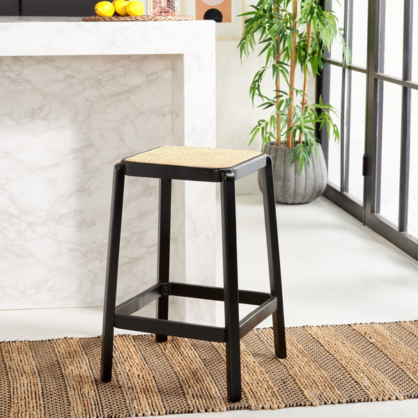 Safavieh Silus Backless Counter Stool – Elegant Coastal Design With Cane Rattan Seat For Modern Spaces Black/Natural BST9504A