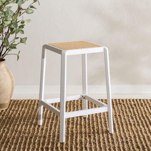 Safavieh Silus Backless Counter Stool – Elegant Coastal Design With Cane Rattan Seat For Modern Spaces White/Natural BST9504B