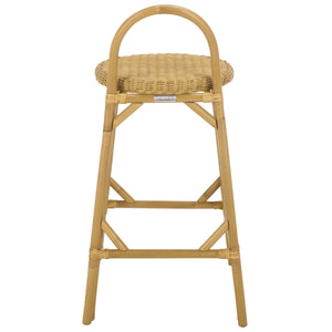 Yulia Rattan Bar Stool With Hand-Finished Weave, Cushioned Seat, Rustic Coastal-Boho Charm