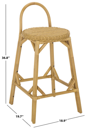 Yulia Rattan Bar Stool With Hand-Finished Weave, Cushioned Seat, Rustic Coastal-Boho Charm