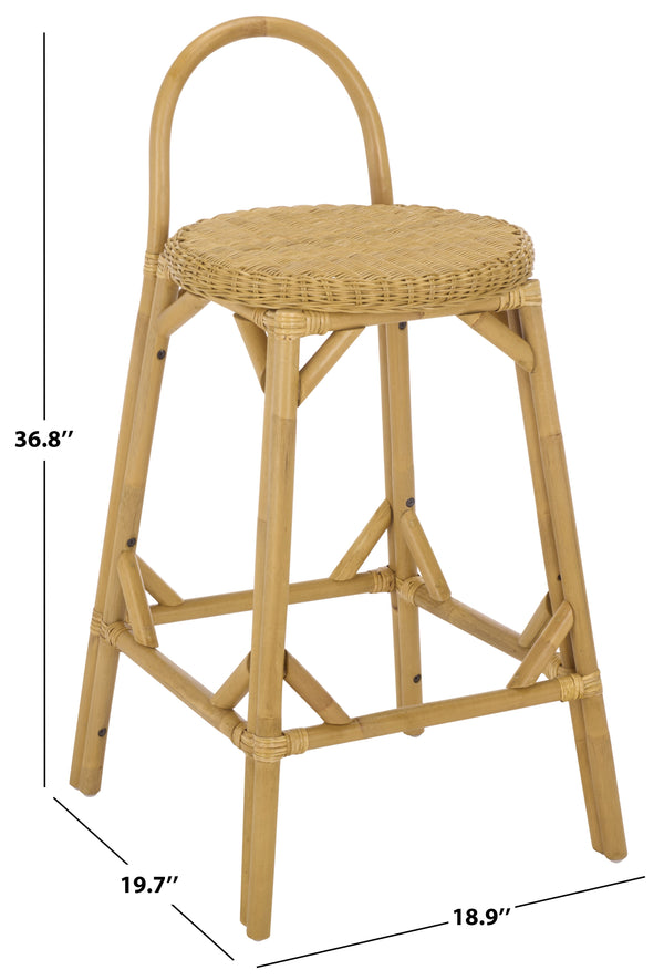 Yulia Rattan Bar Stool With Hand-Finished Weave, Cushioned Seat, Rustic Coastal-Boho Charm