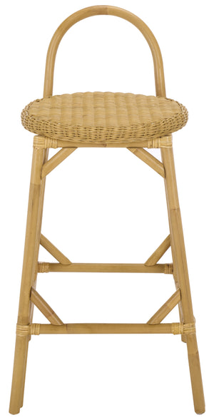 Yulia Rattan Bar Stool With Hand-Finished Weave, Cushioned Seat, Rustic Coastal-Boho Charm