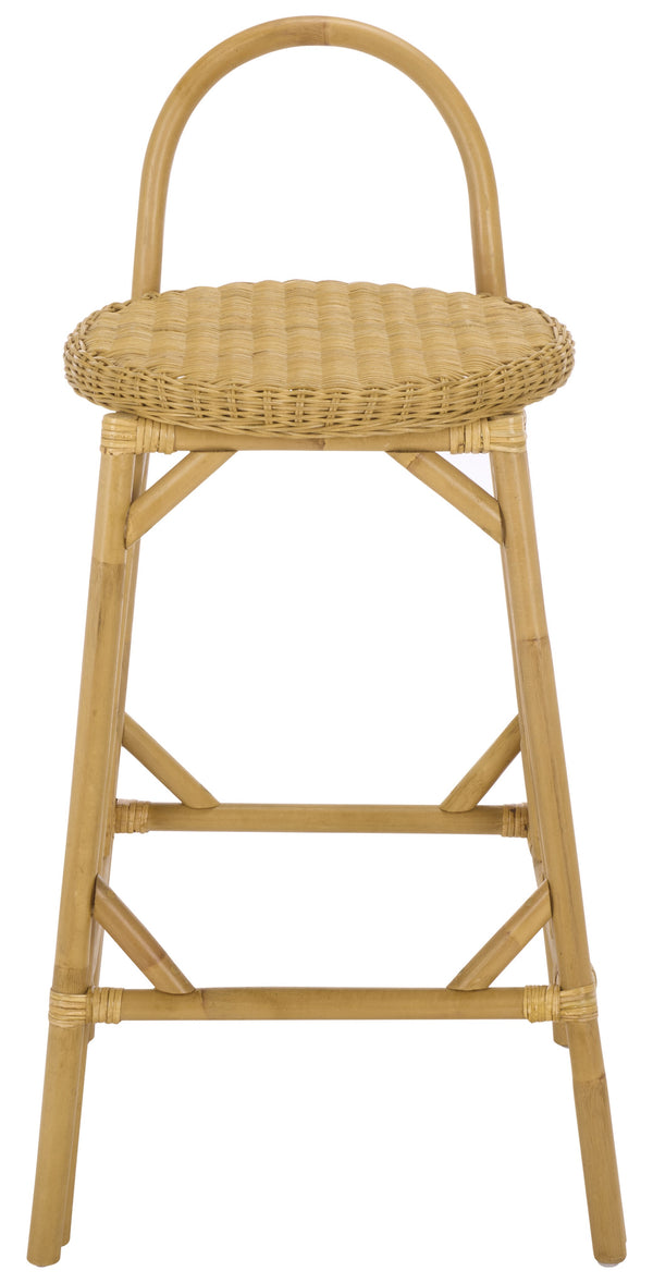 Yulia Rattan Bar Stool With Hand-Finished Weave, Cushioned Seat, Rustic Coastal-Boho Charm