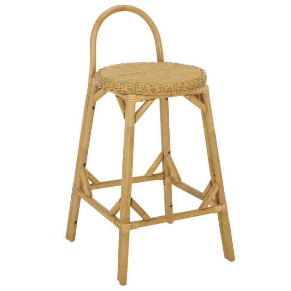 Yulia Rattan Bar Stool With Hand-Finished Weave, Cushioned Seat, Rustic Coastal-Boho Charm