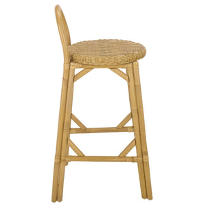 Yulia Rattan Bar Stool With Hand-Finished Weave, Cushioned Seat, Rustic Coastal-Boho Charm