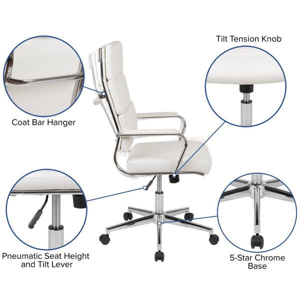 English Elm Hansel High Back LeatherSoft Executive Swivel Office Chair with Ergonomic Design & Chrome Accents White BT-20595H-2-WH-GG