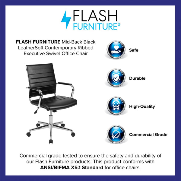 English Elm Hansel Mid-Back Executive Chair in Black LeatherSoft - Stylish, Comfortable, and Adjustable Office Seating BT-20595M-1-BK-GG