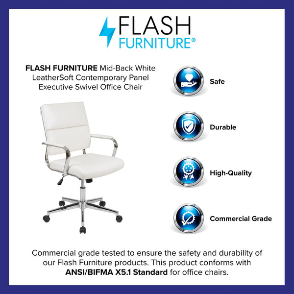 English Elm Hansel Mid-Back White LeatherSoft Executive Swivel Chair - Ergonomic, Stylish, and Durable Comfort BT-20595M-2-WH-GG