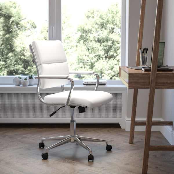 English Elm Hansel Mid-Back White LeatherSoft Executive Swivel Chair - Ergonomic, Stylish, and Durable Comfort BT-20595M-2-WH-GG