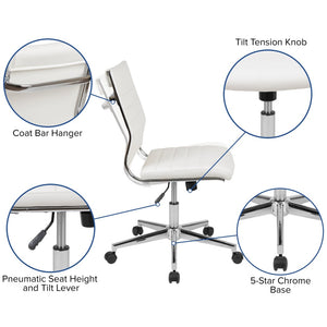 English Elm Hansel Contemporary Ribbed Executive Swivel Chair - Sleek Armless Design for Modern Workspaces White BT-20595M-NA-WH-GG