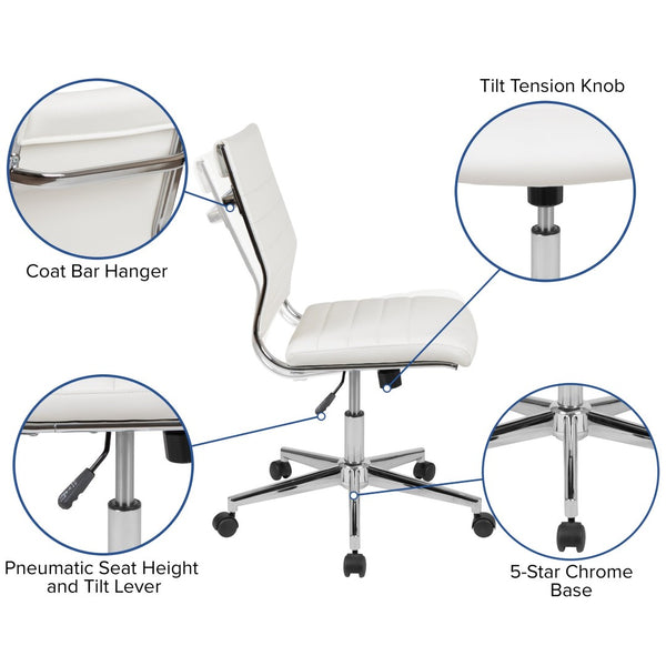 English Elm Hansel Contemporary Ribbed Executive Swivel Chair - Sleek Armless Design for Modern Workspaces White BT-20595M-NA-WH-GG