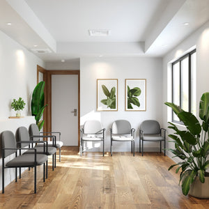 English Elm Tiffany Stackable Steel Side Reception Chair with Arms - Durable Comfort for Waiting Areas & Events Gray Vinyl BT-516-1-GRY-VINYL-GG