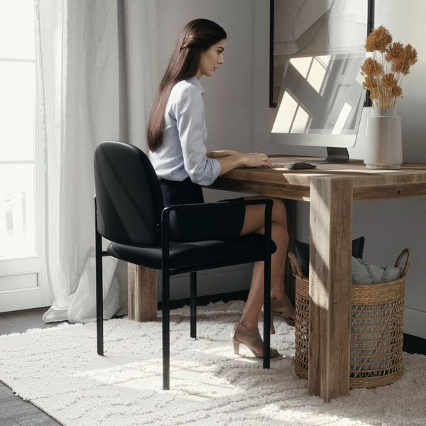 English Elm Tiffany Stackable Steel Side Reception Chair with Arms - Durable Comfort for Waiting Areas & Events Black Vinyl BT-516-1-VINYL-GG