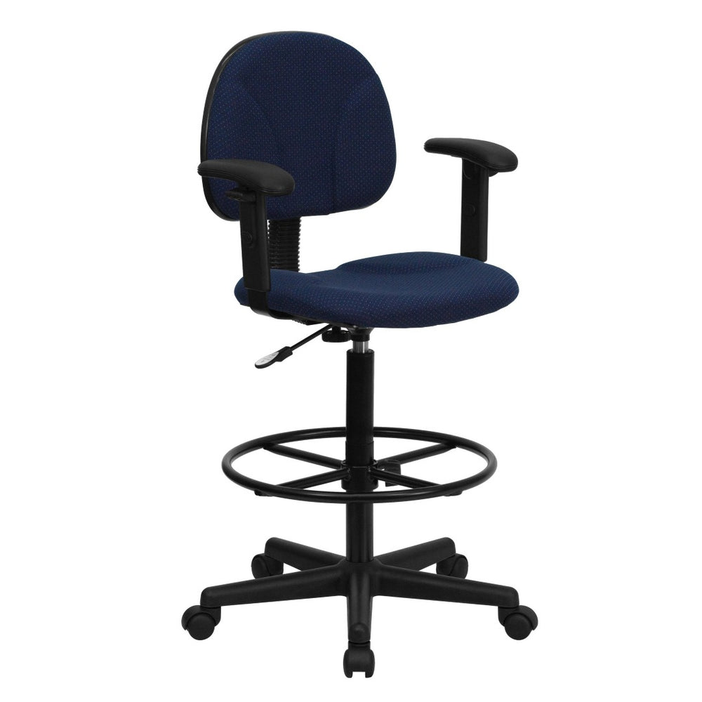 English Elm Bruce Ergonomic Drafting Chair with Adjustable Arms for Ultimate Comfort in Professional Settings Navy Blue Patterned BT-659-NVY-ARMS-GG