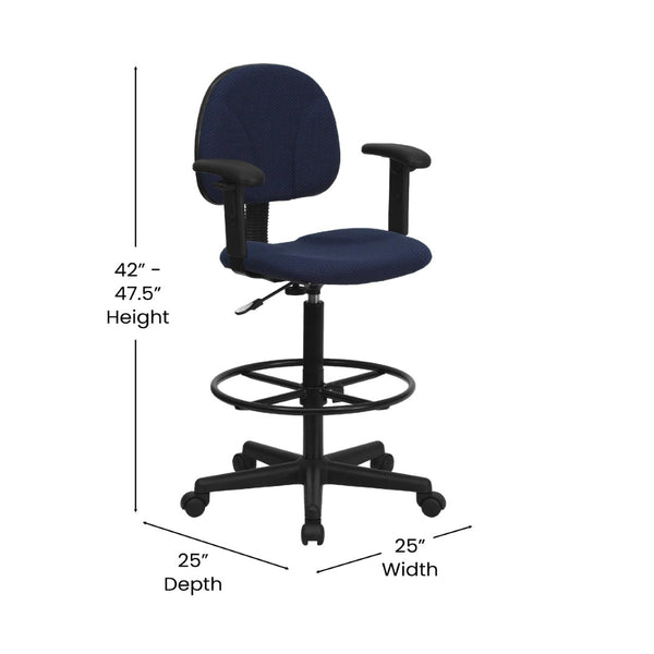 English Elm Bruce Ergonomic Drafting Chair with Adjustable Arms for Ultimate Comfort in Professional Settings Navy Blue Patterned BT-659-NVY-ARMS-GG