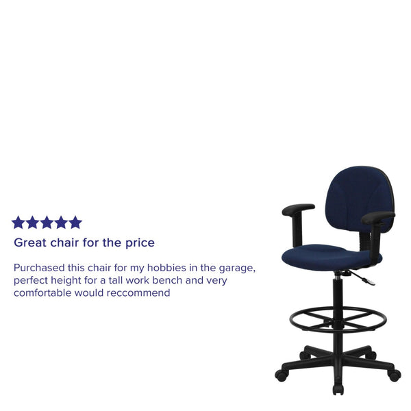 English Elm Bruce Ergonomic Drafting Chair with Adjustable Arms for Ultimate Comfort in Professional Settings Navy Blue Patterned BT-659-NVY-ARMS-GG