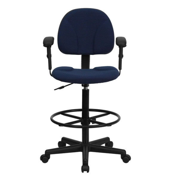 English Elm Bruce Ergonomic Drafting Chair with Adjustable Arms for Ultimate Comfort in Professional Settings Navy Blue Patterned BT-659-NVY-ARMS-GG