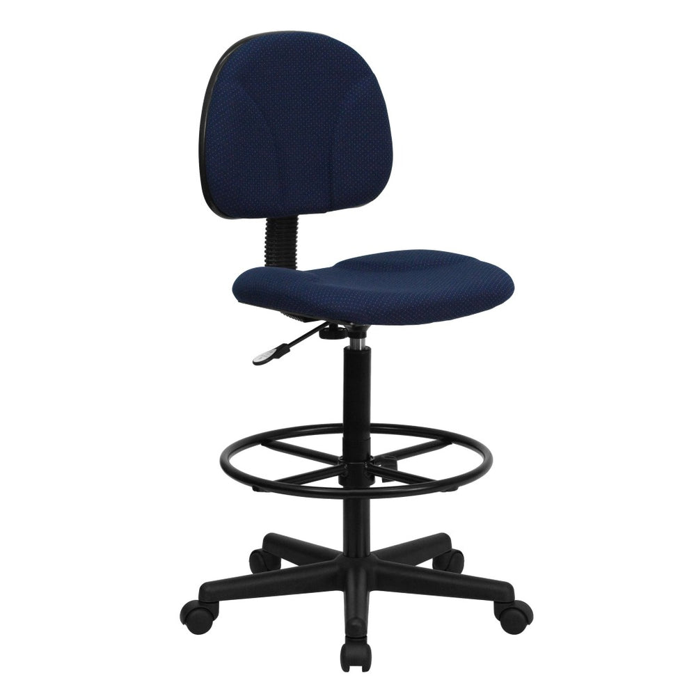 English Elm Bruce Ergonomic Drafting Chair with Adjustable Height, 360° Swivel, and Comfort Padded Arms for Professionals Navy Blue Patterned BT-659-NVY-GG