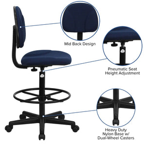 English Elm Bruce Ergonomic Drafting Chair with Adjustable Height, 360° Swivel, and Comfort Padded Arms for Professionals Navy Blue Patterned BT-659-NVY-GG