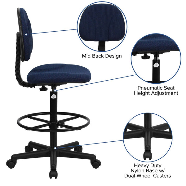English Elm Bruce Ergonomic Drafting Chair with Adjustable Height, 360° Swivel, and Comfort Padded Arms for Professionals Navy Blue Patterned BT-659-NVY-GG