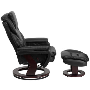 English Elm Austin Contemporary Recliner and Ottoman Set with Swivel Mahogany Base for Ultimate Comfort and Style Black LeatherSoft BT-70222-BK-FLAIR-GG