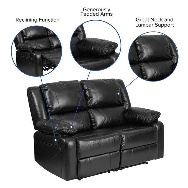 English Elm Harmony Series Reclining Loveseat with Plush Pillow-Back Cushions for Ultimate Comfort & Style Black LeatherSoft BT-70597-LS-GG