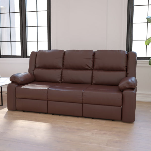 English Elm Harmony Series Comfort Reclining Sofa with Plush Cushions, Built-In Recliners & Durable Upholstery Brown LeatherSoft BT-70597-SOF-BN-GG