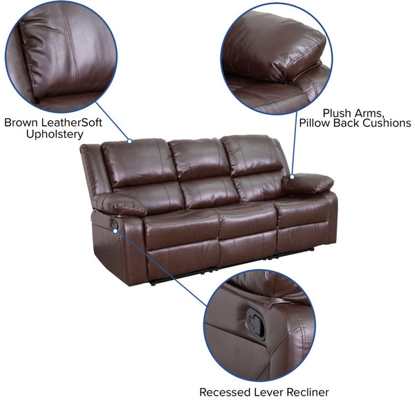 English Elm Harmony Series Comfort Reclining Sofa with Plush Cushions, Built-In Recliners & Durable Upholstery Brown LeatherSoft BT-70597-SOF-BN-GG