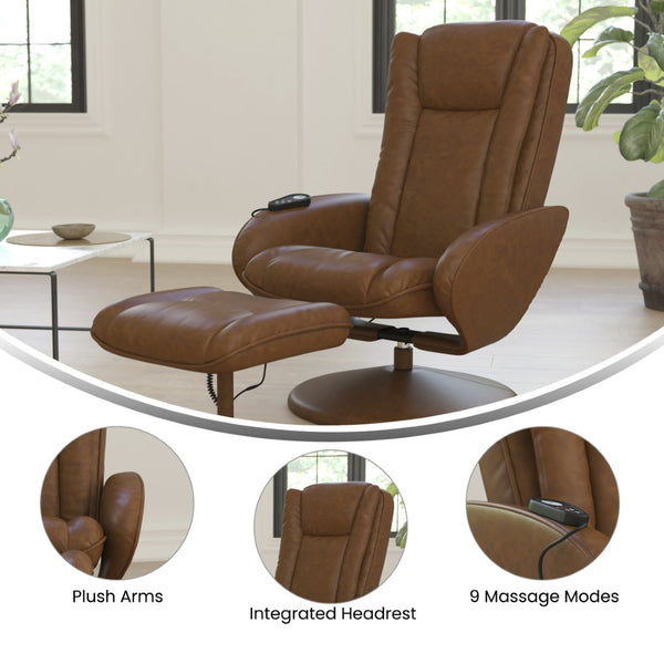 English Elm Poppy Massaging Multi-Position Recliner with Ottoman – Therapeutic Comfort for Home and Office Relaxation Brown BT-7672-MASSAGE-CGN-GG