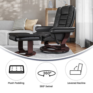 English Elm Bali Contemporary Recliner with Ottoman Set - Plush Comfort, Swivel Mahogany Base, Modern Style Black BT-7818-BK-GG