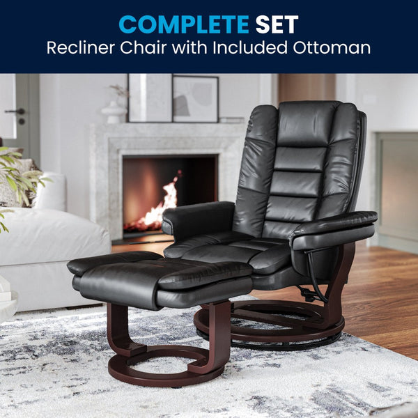 English Elm Bali Contemporary Recliner with Ottoman Set - Plush Comfort, Swivel Mahogany Base, Modern Style Black BT-7818-BK-GG