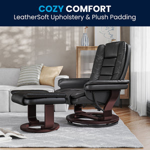 English Elm Bali Contemporary Recliner with Ottoman Set - Plush Comfort, Swivel Mahogany Base, Modern Style Black BT-7818-BK-GG