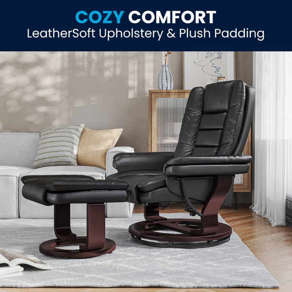 English Elm Bali Contemporary Recliner with Ottoman Set - Plush Comfort, Swivel Mahogany Base, Modern Style Black BT-7818-BK-GG