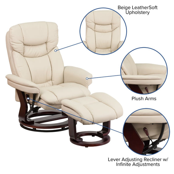 English Elm Allie Recliner Chair with Ottoman Set - Luxurious LeatherSoft Upholstery for Ultimate Comfort & Style Beige BT-7821-BGE-GG